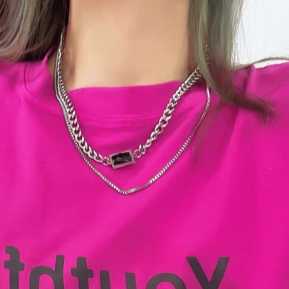 đź’ŽBlack Rectangle Stone Titanium Steel Necklace Chain Double layer thick silver - Picture 4 of 10